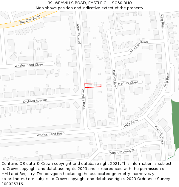 39, WEAVILLS ROAD, EASTLEIGH, SO50 8HQ: Location map and indicative extent of plot