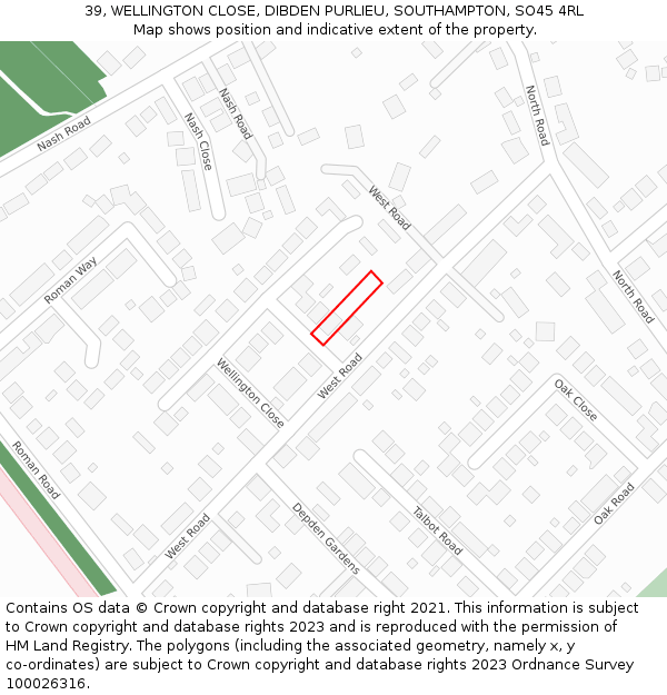 39, WELLINGTON CLOSE, DIBDEN PURLIEU, SOUTHAMPTON, SO45 4RL: Location map and indicative extent of plot