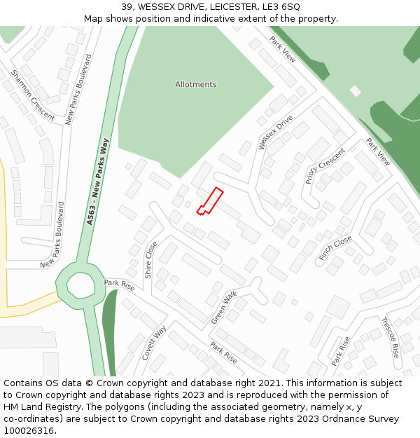 39, WESSEX DRIVE, LEICESTER, LE3 6SQ: Location map and indicative extent of plot