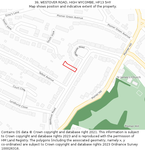 39, WESTOVER ROAD, HIGH WYCOMBE, HP13 5HY: Location map and indicative extent of plot