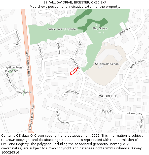 39, WILLOW DRIVE, BICESTER, OX26 3XF: Location map and indicative extent of plot