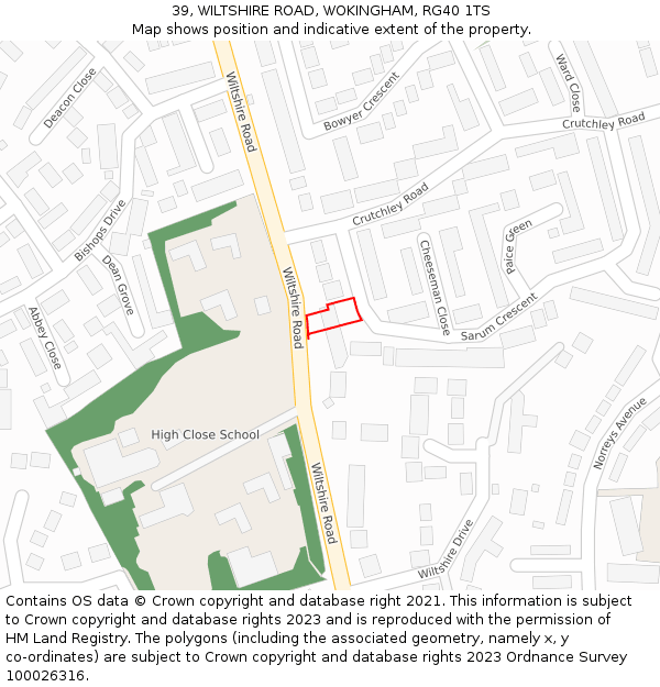 39, WILTSHIRE ROAD, WOKINGHAM, RG40 1TS: Location map and indicative extent of plot