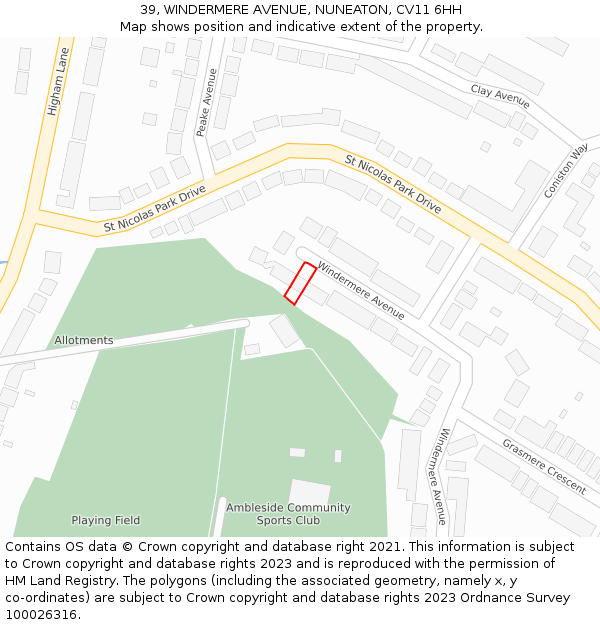 39, WINDERMERE AVENUE, NUNEATON, CV11 6HH: Location map and indicative extent of plot