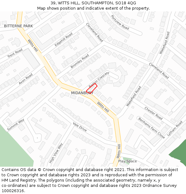 39, WITTS HILL, SOUTHAMPTON, SO18 4QG: Location map and indicative extent of plot