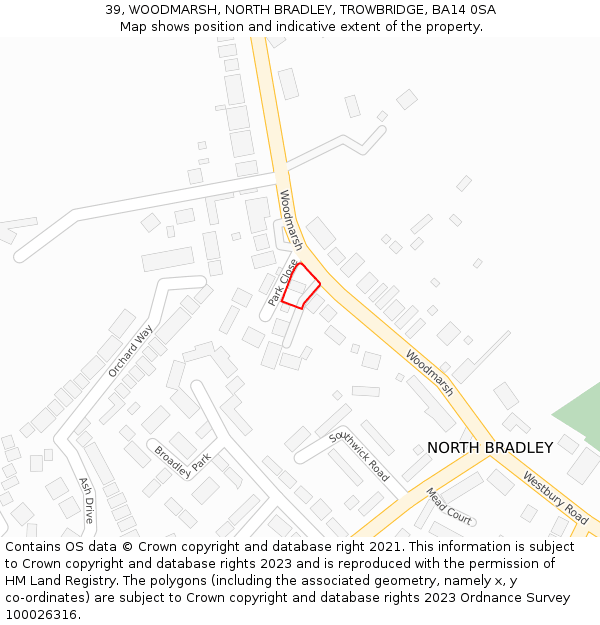 39, WOODMARSH, NORTH BRADLEY, TROWBRIDGE, BA14 0SA: Location map and indicative extent of plot