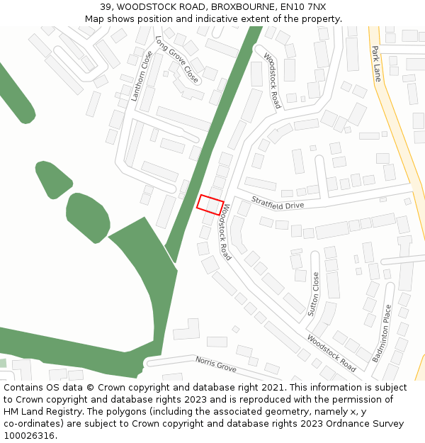 39, WOODSTOCK ROAD, BROXBOURNE, EN10 7NX: Location map and indicative extent of plot