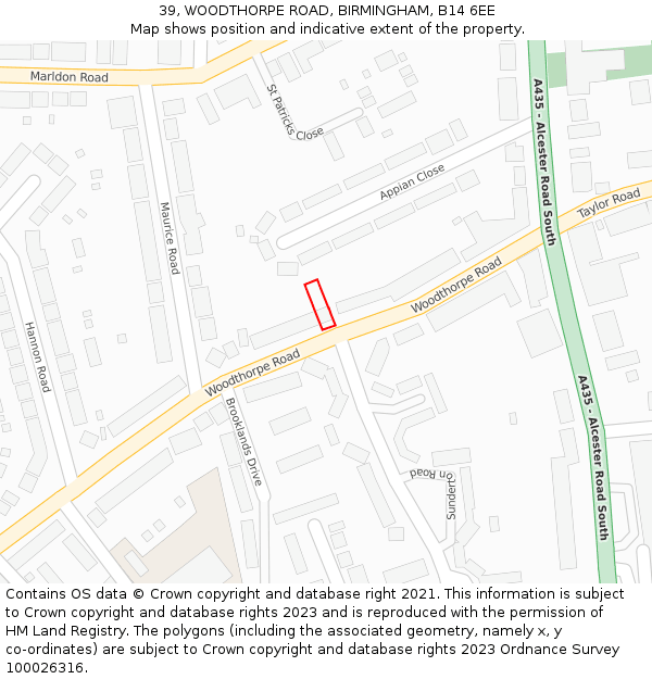 39, WOODTHORPE ROAD, BIRMINGHAM, B14 6EE: Location map and indicative extent of plot