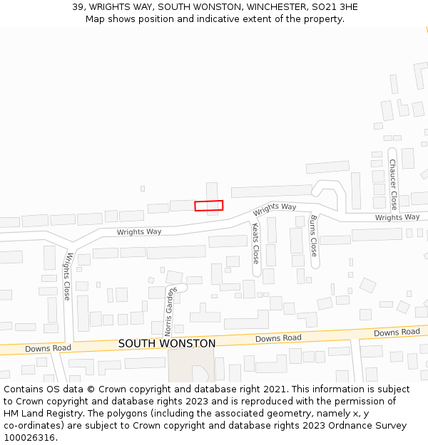 39, WRIGHTS WAY, SOUTH WONSTON, WINCHESTER, SO21 3HE: Location map and indicative extent of plot