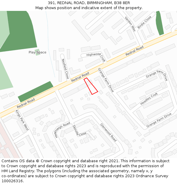 391, REDNAL ROAD, BIRMINGHAM, B38 8ER: Location map and indicative extent of plot