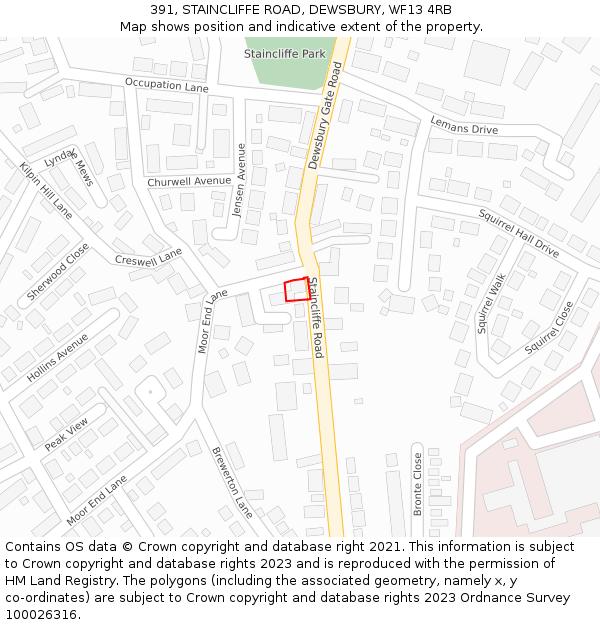 391, STAINCLIFFE ROAD, DEWSBURY, WF13 4RB: Location map and indicative extent of plot