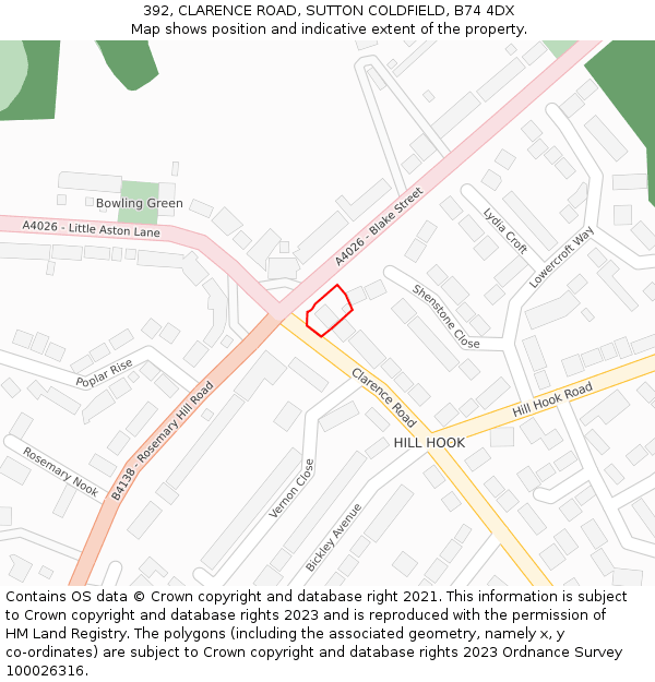 392, CLARENCE ROAD, SUTTON COLDFIELD, B74 4DX: Location map and indicative extent of plot