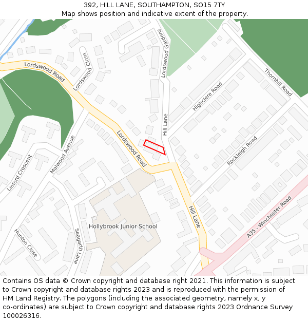 392, HILL LANE, SOUTHAMPTON, SO15 7TY: Location map and indicative extent of plot