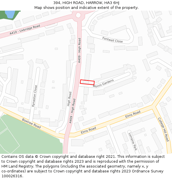 394, HIGH ROAD, HARROW, HA3 6HJ: Location map and indicative extent of plot
