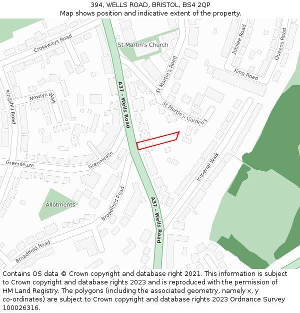 394, WELLS ROAD, BRISTOL, BS4 2QP: Location map and indicative extent of plot
