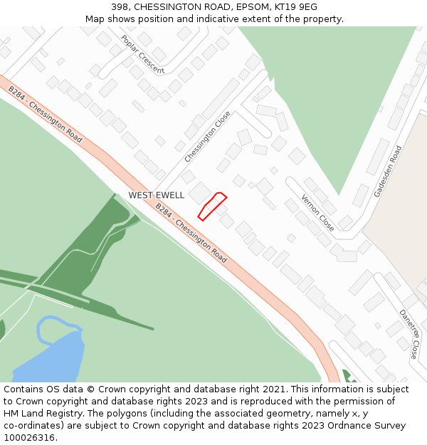 398, CHESSINGTON ROAD, EPSOM, KT19 9EG: Location map and indicative extent of plot