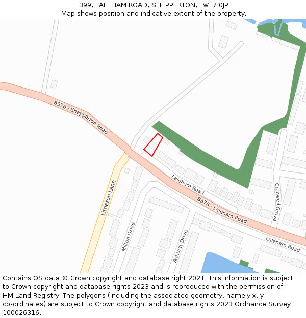 399, LALEHAM ROAD, SHEPPERTON, TW17 0JP: Location map and indicative extent of plot