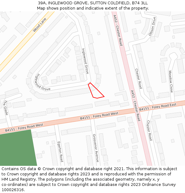 39A, INGLEWOOD GROVE, SUTTON COLDFIELD, B74 3LL: Location map and indicative extent of plot