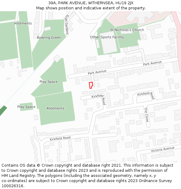 39A, PARK AVENUE, WITHERNSEA, HU19 2JX: Location map and indicative extent of plot