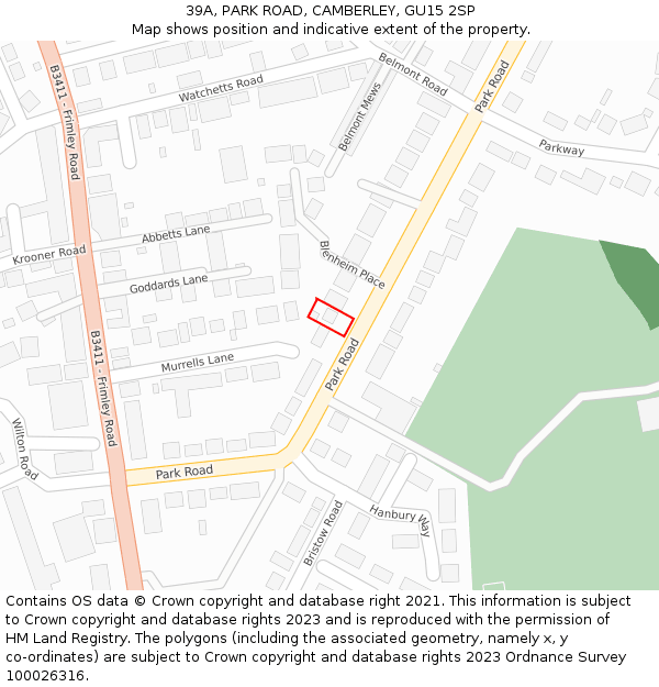 39A, PARK ROAD, CAMBERLEY, GU15 2SP: Location map and indicative extent of plot
