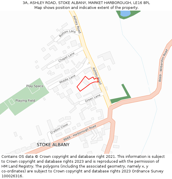 3A, ASHLEY ROAD, STOKE ALBANY, MARKET HARBOROUGH, LE16 8PL: Location map and indicative extent of plot