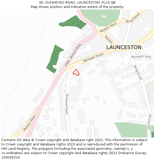 3A, DUNHEVED ROAD, LAUNCESTON, PL15 9JE: Location map and indicative extent of plot