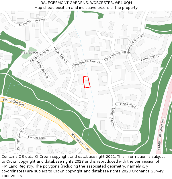 3A, EGREMONT GARDENS, WORCESTER, WR4 0QH: Location map and indicative extent of plot