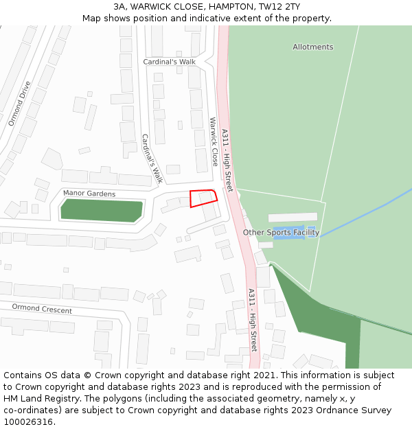 3A, WARWICK CLOSE, HAMPTON, TW12 2TY: Location map and indicative extent of plot