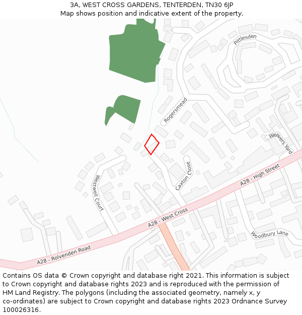 3A, WEST CROSS GARDENS, TENTERDEN, TN30 6JP: Location map and indicative extent of plot