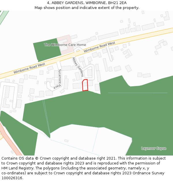 4, ABBEY GARDENS, WIMBORNE, BH21 2EA: Location map and indicative extent of plot