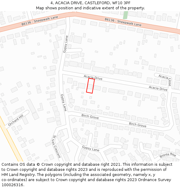 4, ACACIA DRIVE, CASTLEFORD, WF10 3PF: Location map and indicative extent of plot