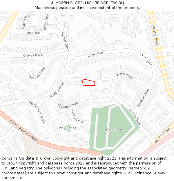 4, ACORN CLOSE, HIGHBRIDGE, TA9 3LJ: Location map and indicative extent of plot