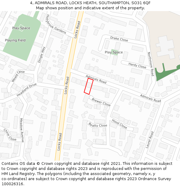 4, ADMIRALS ROAD, LOCKS HEATH, SOUTHAMPTON, SO31 6QF: Location map and indicative extent of plot