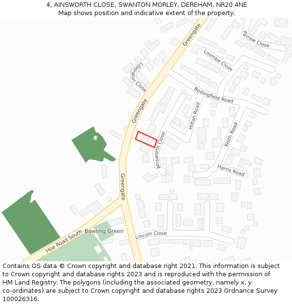 4, AINSWORTH CLOSE, SWANTON MORLEY, DEREHAM, NR20 4NE: Location map and indicative extent of plot