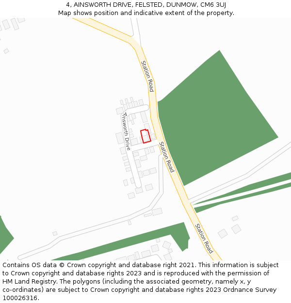 4, AINSWORTH DRIVE, FELSTED, DUNMOW, CM6 3UJ: Location map and indicative extent of plot