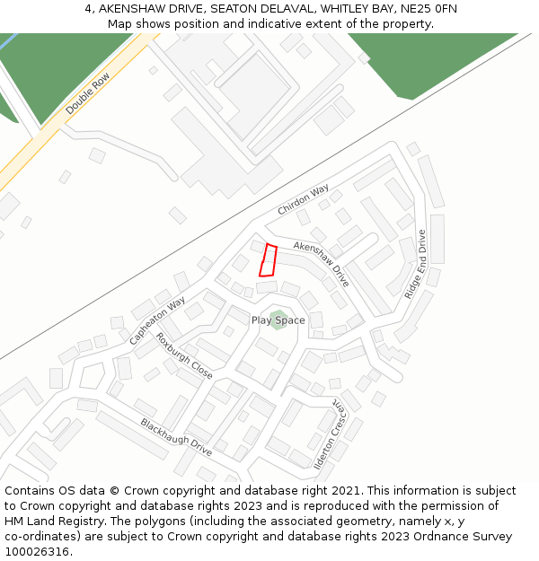 4, AKENSHAW DRIVE, SEATON DELAVAL, WHITLEY BAY, NE25 0FN: Location map and indicative extent of plot