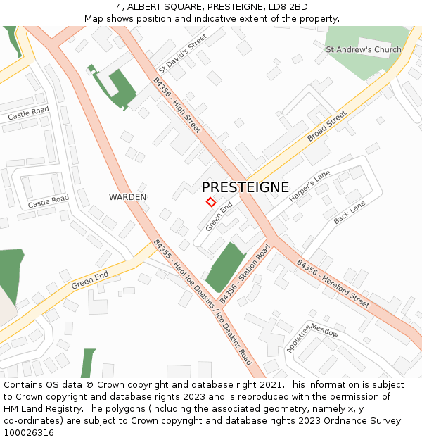 4, ALBERT SQUARE, PRESTEIGNE, LD8 2BD: Location map and indicative extent of plot