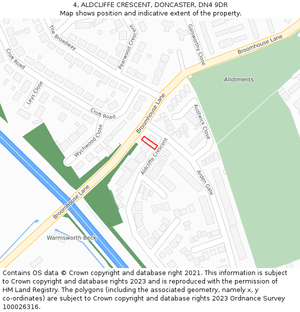 4, ALDCLIFFE CRESCENT, DONCASTER, DN4 9DR: Location map and indicative extent of plot