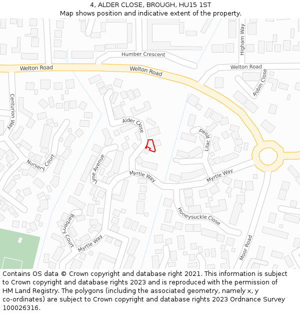 4, ALDER CLOSE, BROUGH, HU15 1ST: Location map and indicative extent of plot