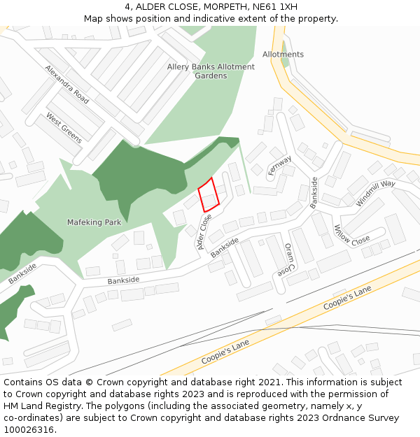 4, ALDER CLOSE, MORPETH, NE61 1XH: Location map and indicative extent of plot