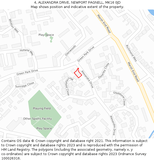 4, ALEXANDRA DRIVE, NEWPORT PAGNELL, MK16 0JD: Location map and indicative extent of plot