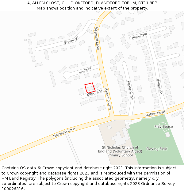 4, ALLEN CLOSE, CHILD OKEFORD, BLANDFORD FORUM, DT11 8EB: Location map and indicative extent of plot