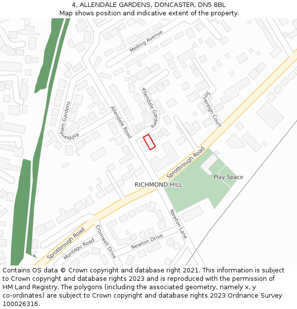 4, ALLENDALE GARDENS, DONCASTER, DN5 8BL: Location map and indicative extent of plot
