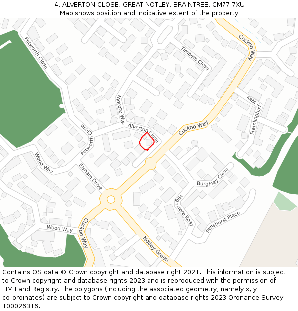 4, ALVERTON CLOSE, GREAT NOTLEY, BRAINTREE, CM77 7XU: Location map and indicative extent of plot