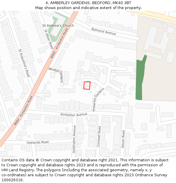 4, AMBERLEY GARDENS, BEDFORD, MK40 3BT: Location map and indicative extent of plot