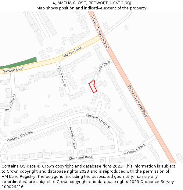 4, AMELIA CLOSE, BEDWORTH, CV12 9QJ: Location map and indicative extent of plot