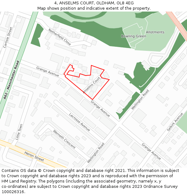 4, ANSELMS COURT, OLDHAM, OL8 4EG: Location map and indicative extent of plot