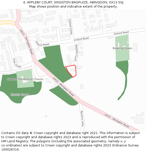 4, APPLEBY COURT, KINGSTON BAGPUIZE, ABINGDON, OX13 5GJ: Location map and indicative extent of plot