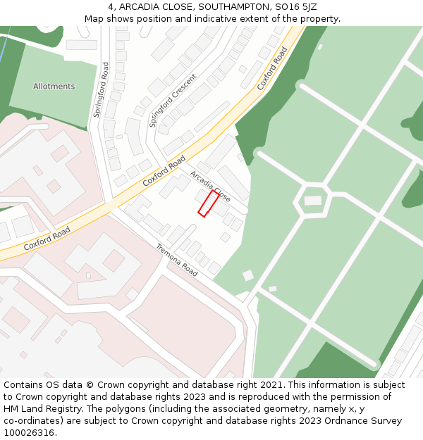 4, ARCADIA CLOSE, SOUTHAMPTON, SO16 5JZ: Location map and indicative extent of plot