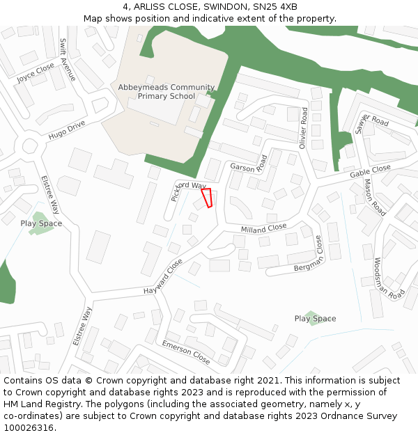 4, ARLISS CLOSE, SWINDON, SN25 4XB: Location map and indicative extent of plot