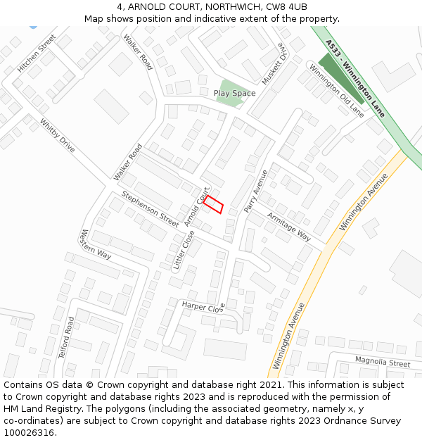 4, ARNOLD COURT, NORTHWICH, CW8 4UB: Location map and indicative extent of plot